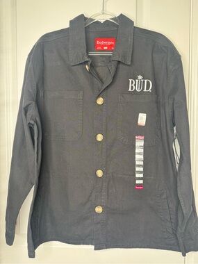 Budweiser Black Work Jacket White BUD Embroidery button down king of beer sz Lg